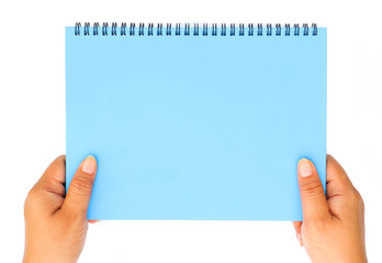 Obraz premium Woman hand holding blue blank paper isolated on white background.
