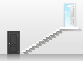 Door in the interior. Two doors in the interior of black and white in the sky with open staircase