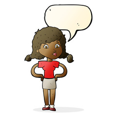 cartoon pretty girl with hands on hips with speech bubble