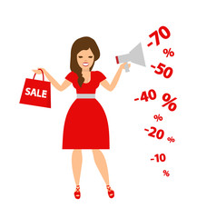 shopping woman with shopping bag and megaphone discount percents isolated on white background.discount sale concept illustration