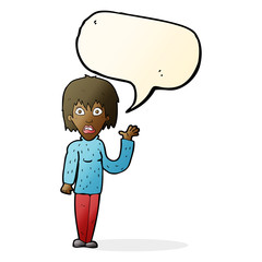 cartoon shocked woman waving hand with speech bubble