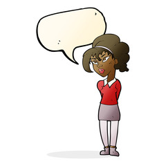 cartoon pretty girl tilting head with speech bubble
