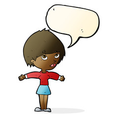cartoon woman with open arms with speech bubble