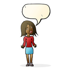 cartoon woman shrugging shoulders with speech bubble
