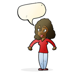 cartoon woman shrugging shoulders with speech bubble