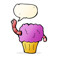 cartoon worm in cupcake with speech bubble