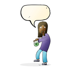 cartoon hippie man with bag of weed with speech bubble
