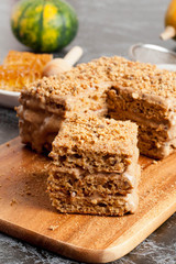 Slice of layered honey cake
