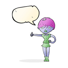 cartoon vampire girl giving thumbs up symbol with speech bubble
