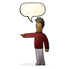 cartoon happy pointing man with speech bubble