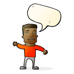 cartoon waving stressed man with speech bubble