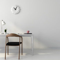 White workplace with a wooden chair