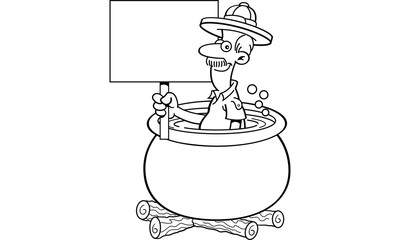 Black and white illustration of an explorer in a cooking pot holding a sign.