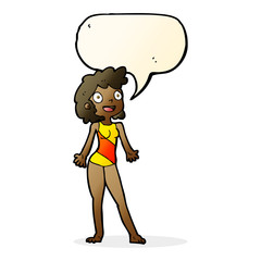 cartoon woman in swimming costume with speech bubble