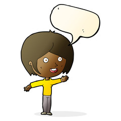 cartoon happy girl waving with speech bubble