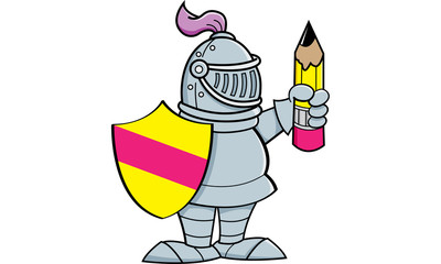 Cartoon illustration of a knight holding a shield and a pencil.