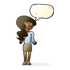 cartoon woman shrugging shoulders with speech bubble