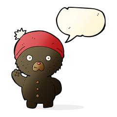 cartoon waving black teddy bear in winter hat with speech bubble