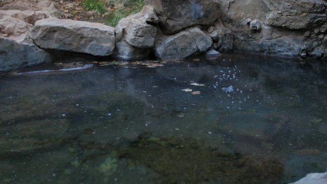 Water bubbles and steams in a hot spring in rural Utah.