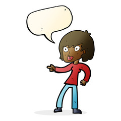 cartoon woman pointing with speech bubble
