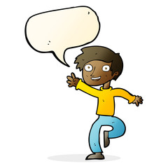 cartoon excited boy dancing with speech bubble