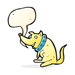 cartoon happy dog in big collar with speech bubble