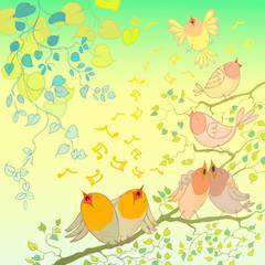 Background with Hand Drawn Spring Leaves and Birds Chirping.