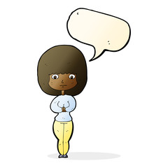 cartoon shy woman with speech bubble