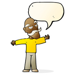 cartoon old man spreading arms wide with speech bubble