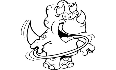 Black and white illustration of a triceratops playing with a hula hoop.