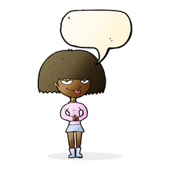 cartoon sly woman with speech bubble