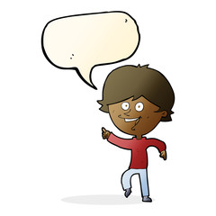 cartoon happy pointing man with speech bubble