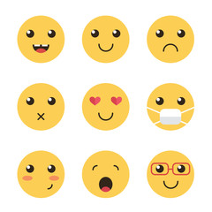 Fototapeta premium Cute collection of yellow flat design smiles isolated on white background. Different facial expressions.