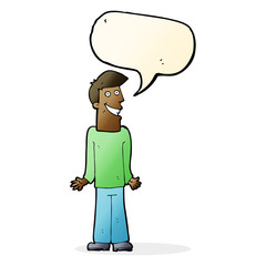 cartoon man shrugging shoulders with speech bubble