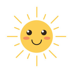 Flat design smiling cartoon sun isolated on white background. Vector illustration.
