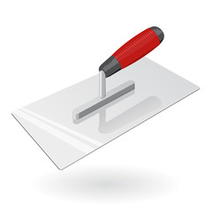 Nice classical red metal four-sided stucco trowel on white, silver handle metal head. Construction tools, isolated flatten illustration master vector icon, useful sign.