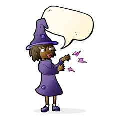 cartoon witch casting spell with speech bubble