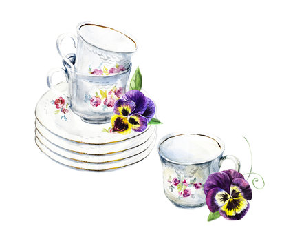 Tea Time. Teacups and violets. Invitation to tea drinking. Watercolor hand drawn illustration.