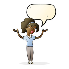 cartoon woman raising hands in air with speech bubble