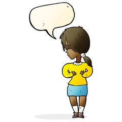 cartoon shy woman with speech bubble
