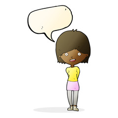 cartoon friendly woman with speech bubble