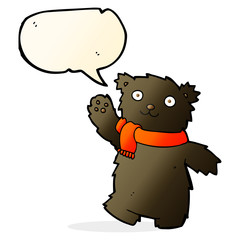 cartoon teddy bear wearing scarf with speech bubble