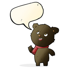 cartoon black bear wearing scarf with speech bubble