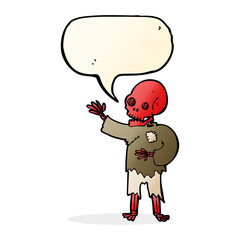 cartoon skeleton waving with speech bubble