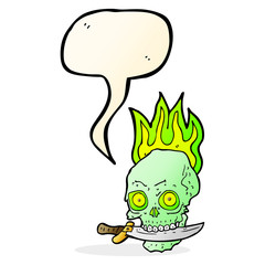 cartoon pirate skull with knife in teeth with speech bubble