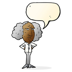 cartoon big hair lecturer man with speech bubble