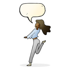 cartoon happy girl kicking out leg with speech bubble