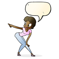 cartoon pretty woman pointing with speech bubble