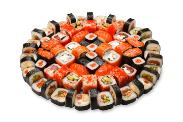 Set of sushi, maki and rolls isolated at white
