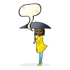 cartoon woman with umbrella with speech bubble